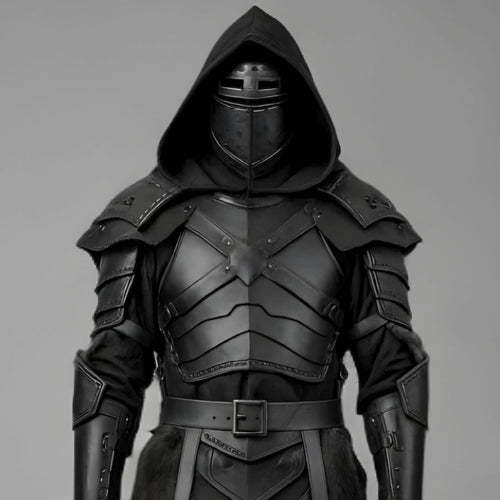 Black Knight Armor Costume Medieval Dark Warrior Hooded Leather LARP Cosplay Halloween Outfit